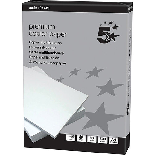 5 Star Elite Copier Paper Smooth Ream-Wrapped 90gsm A4 High White [5 x 500 Sheets]