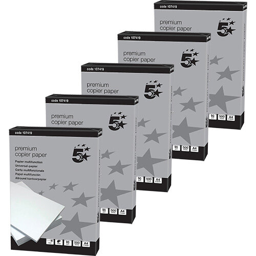 5 Star Elite Copier Paper Smooth Ream-Wrapped 90gsm A4 High White [5 x 500 Sheets]