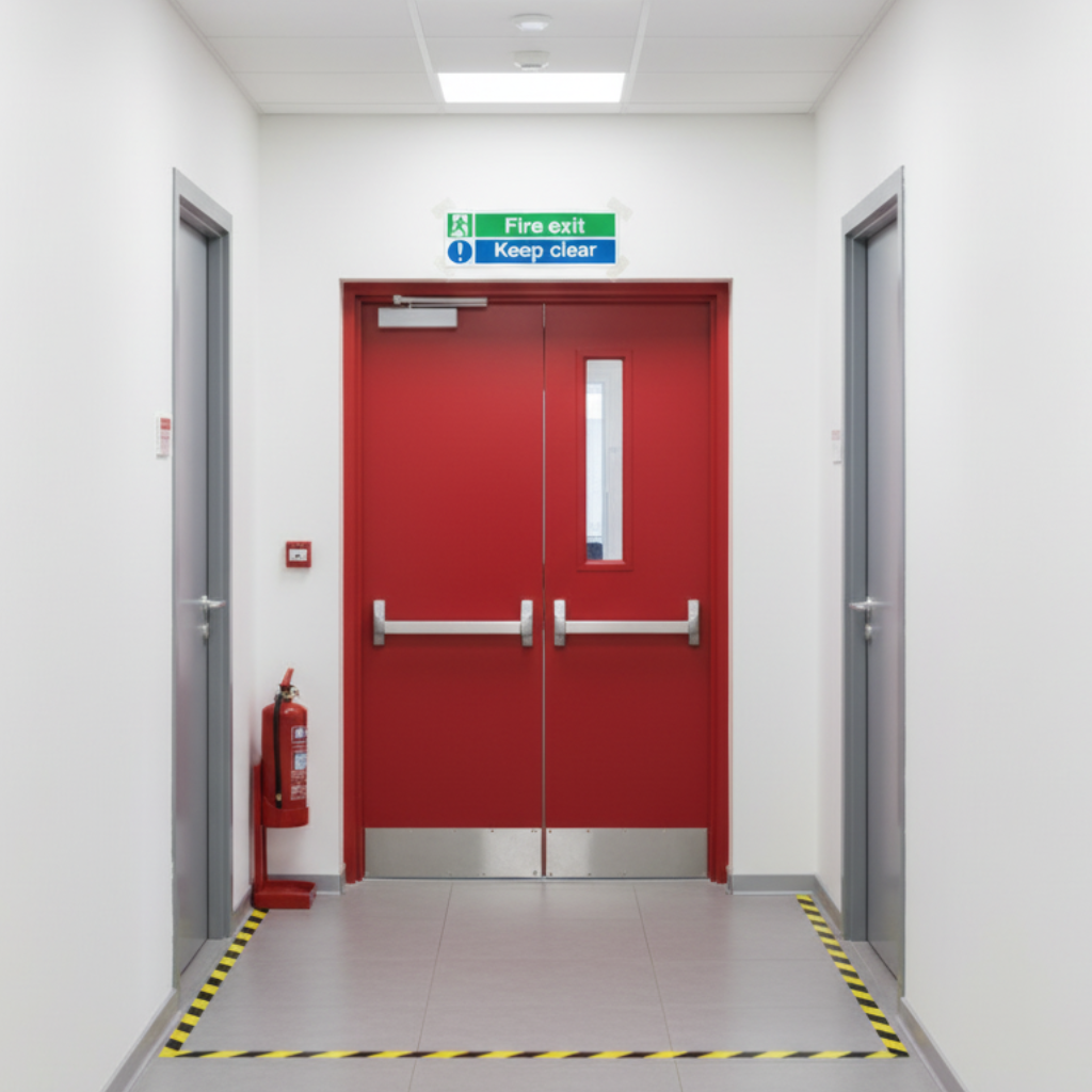 Fire Exit Keep Clear safety sign for workplaces, schools, warehouses, community centres and more.