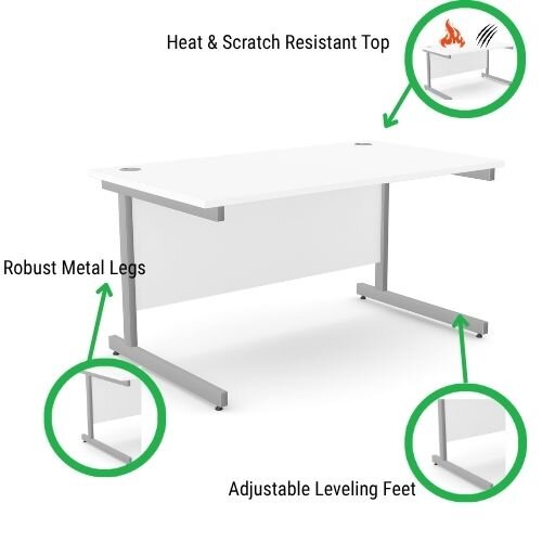 Features - Office Desk Rectangular Silver Cantilever Legs W1200xD800xH725mm White Ashford