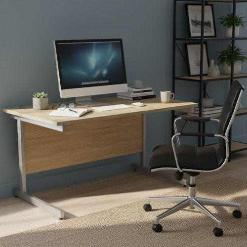 Cosy Office Setting - Office Desk Rectangular Silver Cantilever Legs W1400xD800xH725mm Urban Oak Ashford