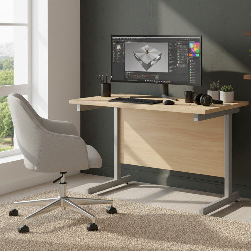 lifestyle image with office chair Cantilever Rectangular Return Office Desk Silver Legs W800xD600xH725mm Beech Ashford