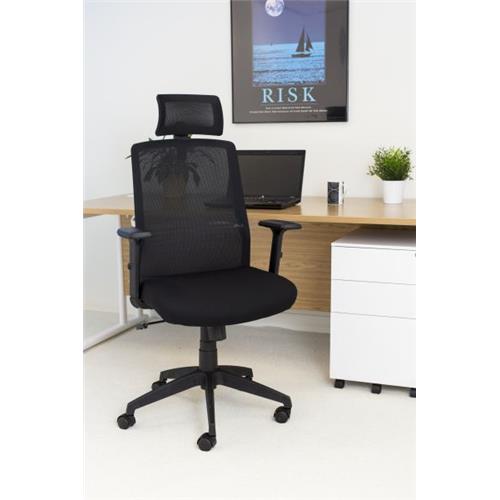 Angled front view Denali High-Back Ergonomic Office Posture Chair - Black Mesh - Lumbar Support - Headrest
