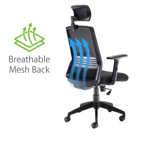 Front view Denali High-Back Ergonomic Office Posture Chair - Black Mesh - Lumbar Support - Headrest - breathable back