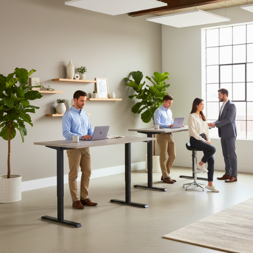 Two Core height adjustable desk alaskan grey oak top and black frame in an openplan office with toe men standing working at the desks
