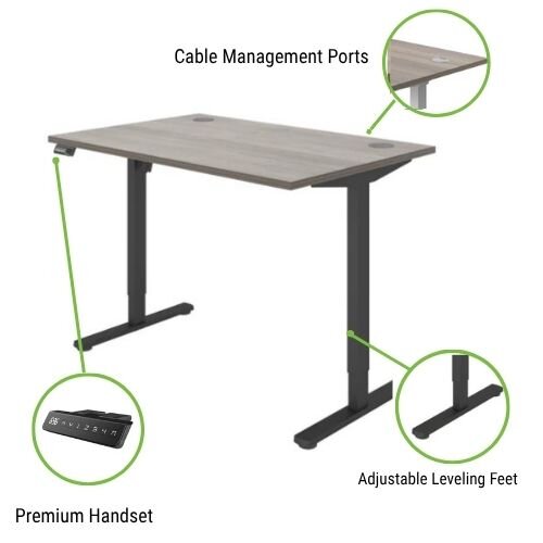 Features - Core Electric Single Motor Height Adjustable Sit Stand Desk 1200 x 800 Alaskan Grey Oak Top and Black frame 5 Year Warranty