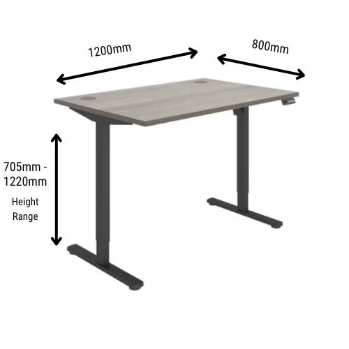 Measurements - Core Electric Single Motor Height Adjustable Sit Stand Desk 1200 x 800 Alaskan Grey Oak Top and Black frame 5 Year Warranty