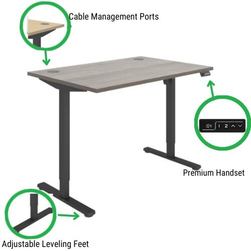 desk features Core Electric Single Motor Height Adjustable Sit Stand Desk 1200 x 800 Alaskan Grey Oak Top and Black frame 5 Year Warranty