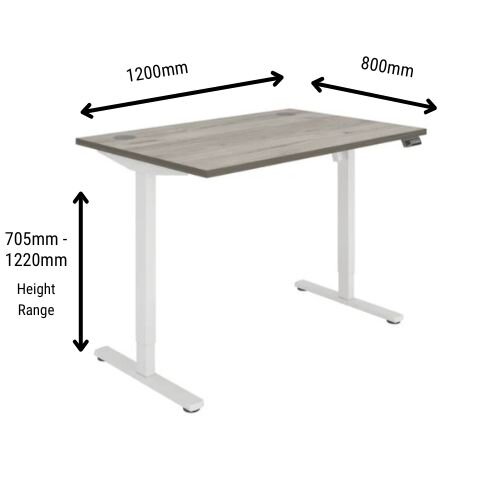 Dimensions - Core Electric Single Motor Height Adjustable Sit Stand Desk 1200 x 800 Alaskan Grey Oak Top and White frame 5 Year Warranty