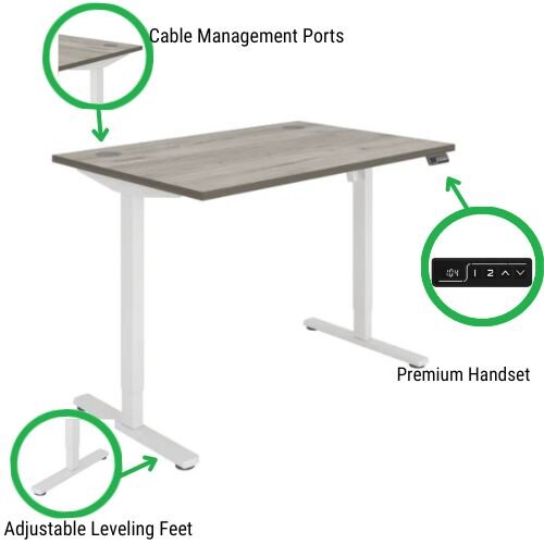 desk features Core Electric Single Motor Height Adjustable Sit Stand Desk 1200 x 800 Alaskan Grey Oak Top and White frame 5 Year Warranty