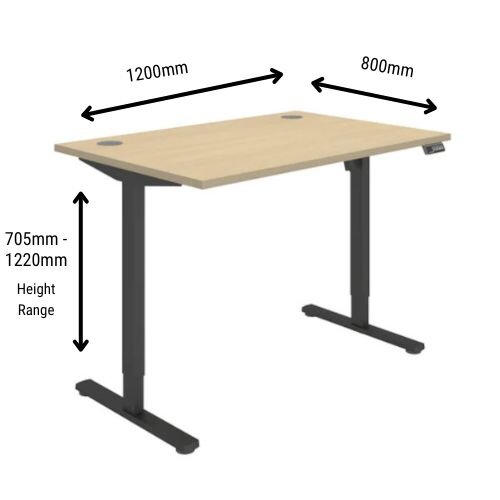 Dimensions - Core Electric Single Motor Height Adjustable Sit Stand Desk 1200 x 800 Canadian Oak Top and Black frame 5 Year Warranty