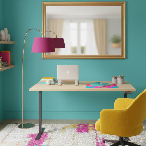 Core Hieght Adjsuabel Desk canadian oka top and black frame in a home office