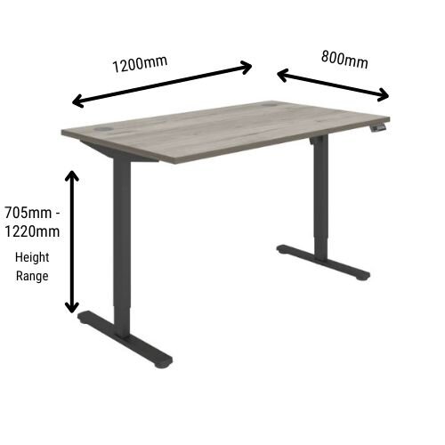 Dimensions - Core Electric Single Motor Height Adjustable Sit Stand Desk 1400 x 800 Alaskan Grey Oak Top and Black frame 5 Year Warranty
