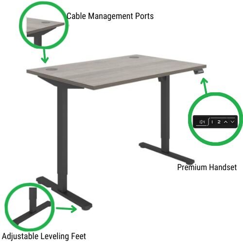 desk features Core Electric Single Motor Height Adjustable Sit Stand Desk 1400 x 800 Alaskan Grey Oak Top and Black frame 5 Year Warranty