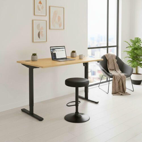 Core Hieght Adjsuabel Desk canadian oka top and black frame in a home office