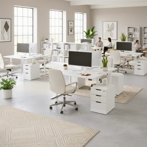 Core Electric Sit stand desk white top and white frame in an open plan office