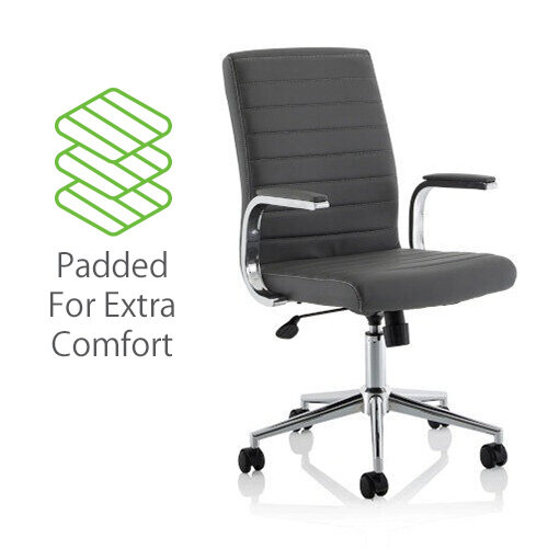 Ezra Executive Office Chair - Grey Leather, Chrome Base, Fixed Padded Arms, Stylish Design 3 Year Warranty - Padded for extra comfort