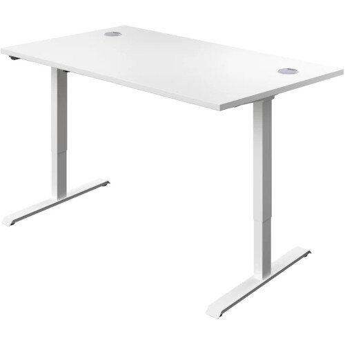 Side Angle - Electro Elevate Electric Single Motor Height Adjustable Sit Stand Office Desk W1400xD800 White Top White Frame 5 Year Warranty