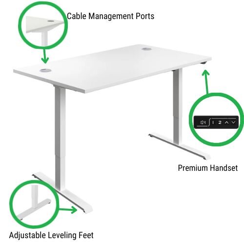 Features - Electro Elevate Electric Single Motor Height Adjustable Sit Stand Office Desk W1400xD800 White Top White Frame 5 Year Warranty