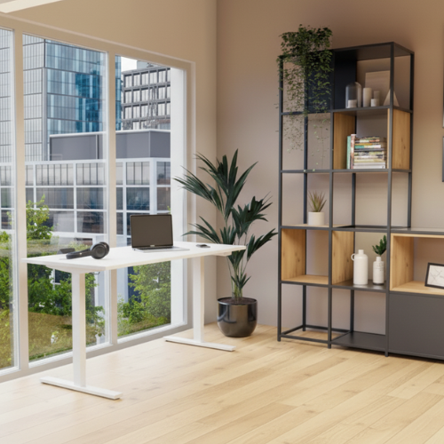 Lifestyle Image Desk on the left - Electro Elevate Electric Single Motor Height Adjustable Sit Stand Office Desk W1200xD800 White Top White Frame 5 Year Warranty