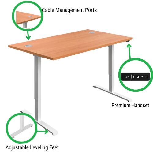 desk features Electro Elevate Electric Single Motor Height Adjustable Sit Stand Office Desk W1400xD800 Beech Top White Frame 5 Year Warranty