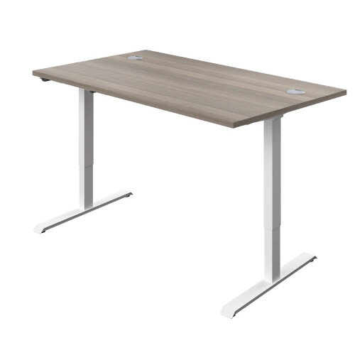 Side of Desk - Electro Elevate Electric Single Motor Height Adjustable Sit Stand Office Desk W1400xD800 Grey Oak Top White Frame 5 Year Warranty