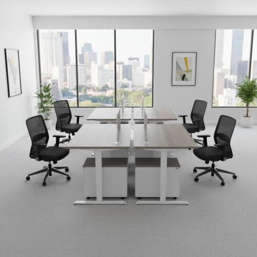 Open Plan Office- Electro Elevate Electric Single Motor Height Adjustable Sit Stand Office Desk W1400xD800 Grey Oak Top White Frame 5 Year Warranty