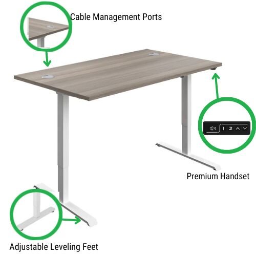 Desk Features Electro Elevate Electric Single Motor Height Adjustable Sit Stand Office Desk W1400xD800 Grey Oak Top White Frame 5 Year Warranty