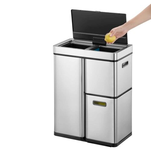 EKO Mirage Plus Sensor Recycling Bin 60L 3 Compartments - 30L + 15L x 2- Silver - Sorting Station with separate compartments 