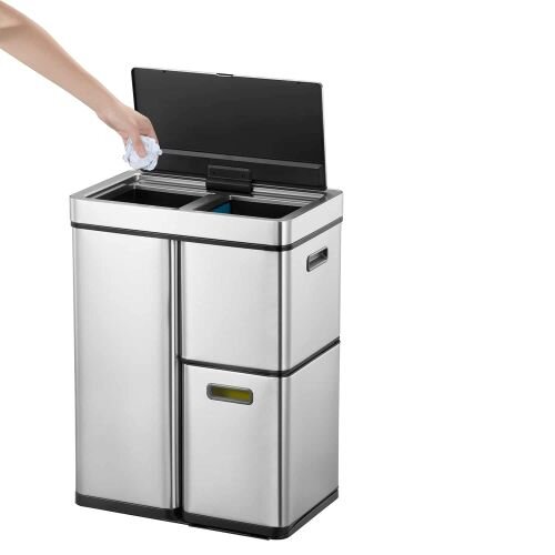EKO Mirage Plus Sensor Recycling Bin 60L 3 Compartments - 30L + 15L x 2- Silver - Stacked design for optimal space saving
