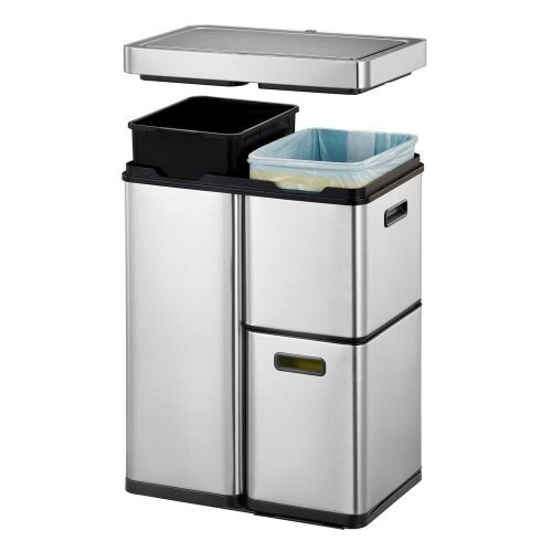 EKO Mirage Plus Sensor Recycling Bin 60L 3 Compartments - 30L + 15L x 2- Silver - Removable lid for easy bag change and emptying