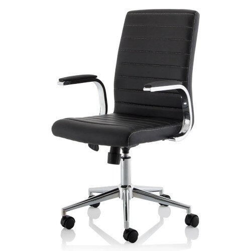 Ezra Executive Office Chair - Black Leather Seat & Back - Chrome Base - Fixed Padded Arms - back left