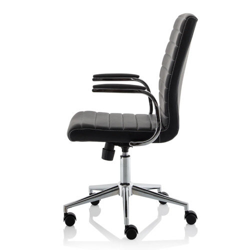 Ezra Executive Office Chair - Black Leather Seat & Back - Chrome Base - Fixed Padded Arms - left side