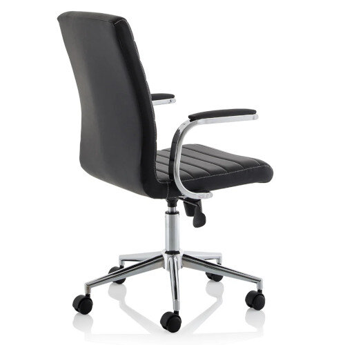 Ezra Executive Office Chair - Black Leather Seat & Back - Chrome Base - Fixed Padded Arms - back right view