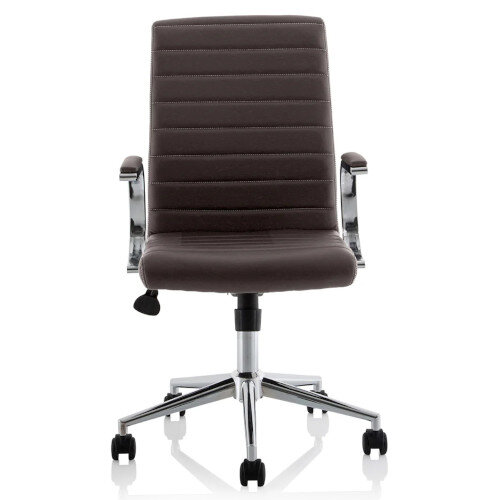 Ezra Executive Office Chair - Brown Leather Seat & Back - Chrome Base - Fixed Padded Arms - front