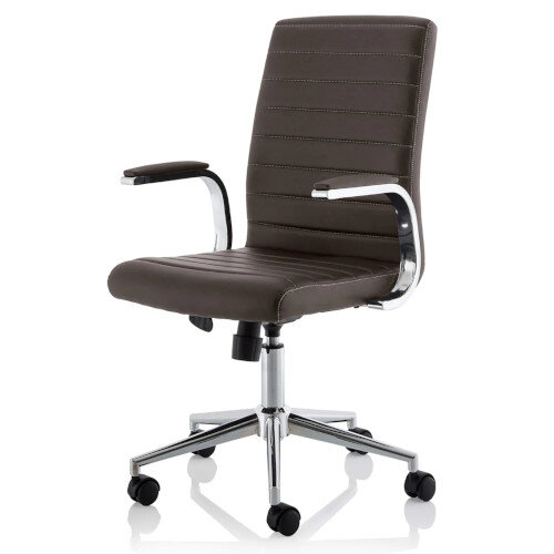 Ezra Executive Office Chair - Brown Leather Seat & Back - Chrome Base - Fixed Padded Arms - front left
