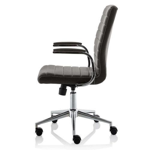 Ezra Executive Office Chair - Brown Leather Seat & Back - Chrome Base - Fixed Padded Arms - side left