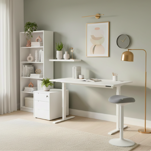 White Height Adjustble Desk in a Bright Home Office Setting