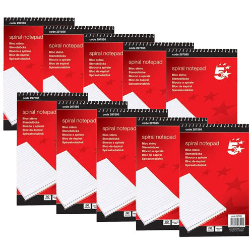 Pack of 10, 5 Star Office Spiral Notepads, ideal for office and school use.