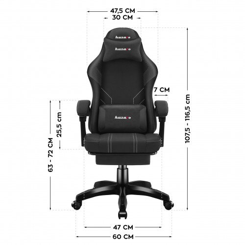Dimenions - Angled View with Footrest Extended - Huzaro Force 3.7 Carbon Black Ergonomic Gaming Chair with Footrest, Lumbar Cushion & Neck Pillow