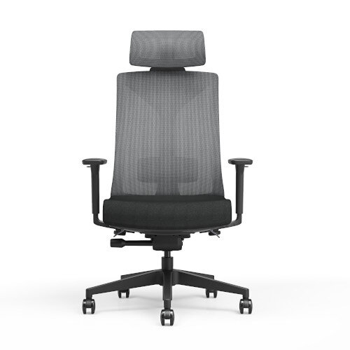 Front View Ergonomic office chair with black mesh backrest and headrest, black frame and cushioned seat.