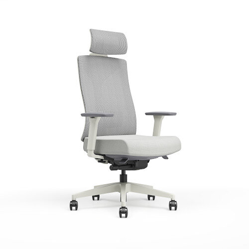Angled side view Ergonomic office chair with grey mesh backrest and headrest, white frame, and cushioned seat.