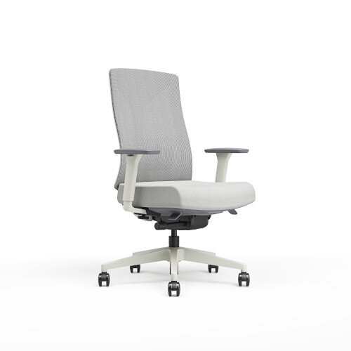 Angled side view Ergonomic office chair with grey mesh backrest, white frame, 3D Armrests and cushioned seat.