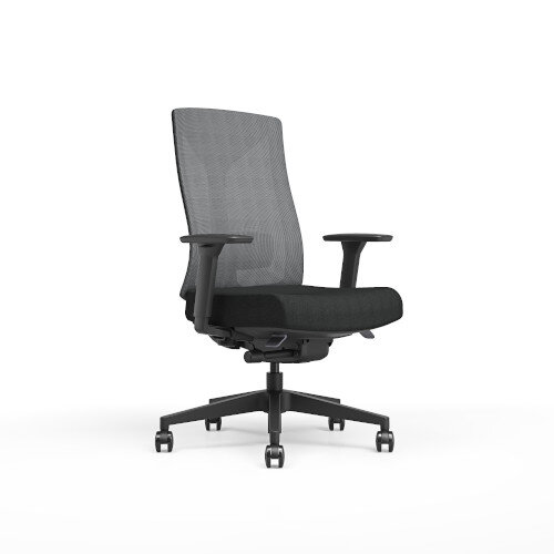 Angled side view Ergonomic office chair with black mesh backrest, black frame, 3D Armrests and cushioned seat.