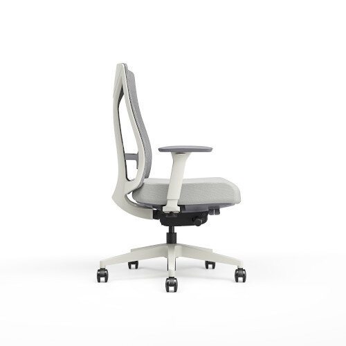 Side View Ergonomic office chair with grey mesh backrest, white frame, 3D Armrests and cushioned seat.