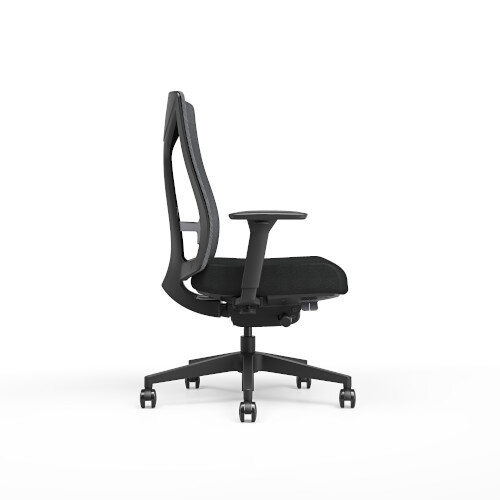 Side View Ergonomic office chair with black mesh backrest, black frame, 3D Armrests and cushioned seat.