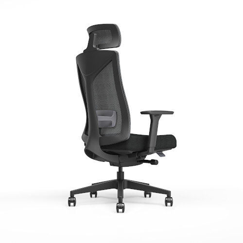 Angled side view Ergonomic office chair with black mesh backrest and headrest, black frame and cushioned seat.