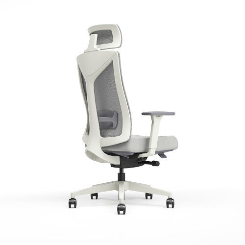 Angled Back View Ergonomic office chair with grey mesh backrest and headrest, white frame, and cushioned seat.