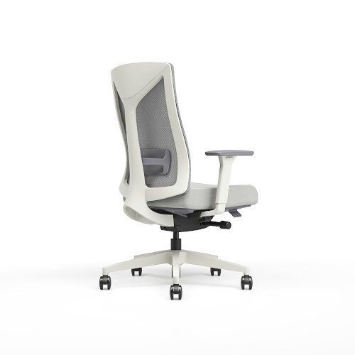 Angled Back View Ergonomic office chair with grey mesh backrest, white frame, 3D Armrests and cushioned seat.