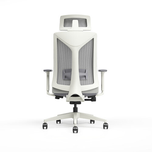 Back View Ergonomic office chair with grey mesh backrest and headrest, white frame, and cushioned seat.